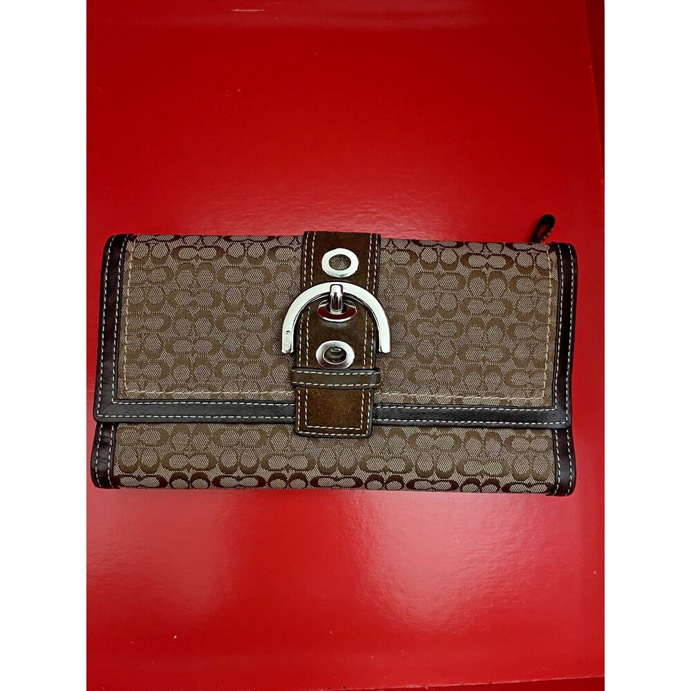 Vintage COACH Boho Mini Signature Checkbook Wallet Brown Jacquard Buckle Wallet
